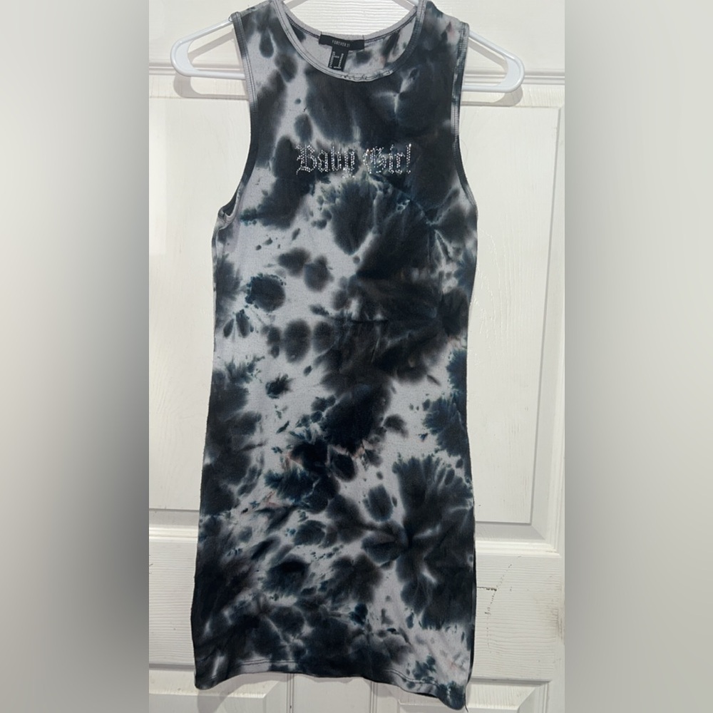 Forever 21 Monochrome Black and grey tie-dye dress with rhinestone "Baby Girl"